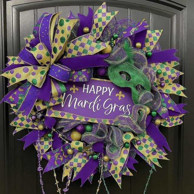Daifunli Mardi Gras Wreaths 16 Inch Glitter Mardi Gras Wreath for Front Door Purple Green and Gold Mesh Decorations for Carnival Party Wall Home Window Porch Holiday Indoor Outdoor Decor