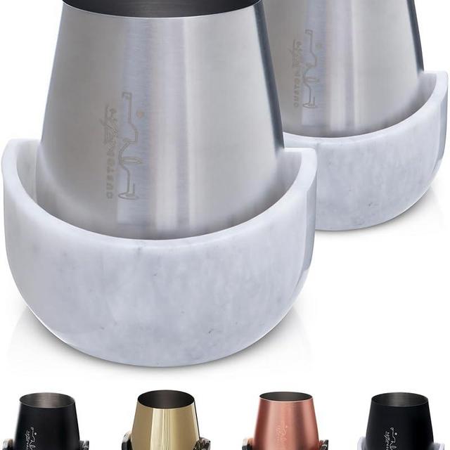 Gusto Nostro White Marble Wine Chiller for Glass and Stainless Steel Tumbler Set of 2 - Freezable Wine Glass Chiller Holder - Cool Set of Chillers and Stemless Metal Wine Tumblers for HomeBar (Silver)
