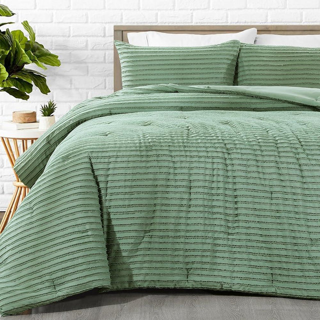 HOMBYS Oversized King Boho Comforter Set 120x120, Sage Green Tufted Jacquard Geometry Bedding Comforter for King Bed, Shabby Chic Bed Sets with 2 Matching Pillow Cases
