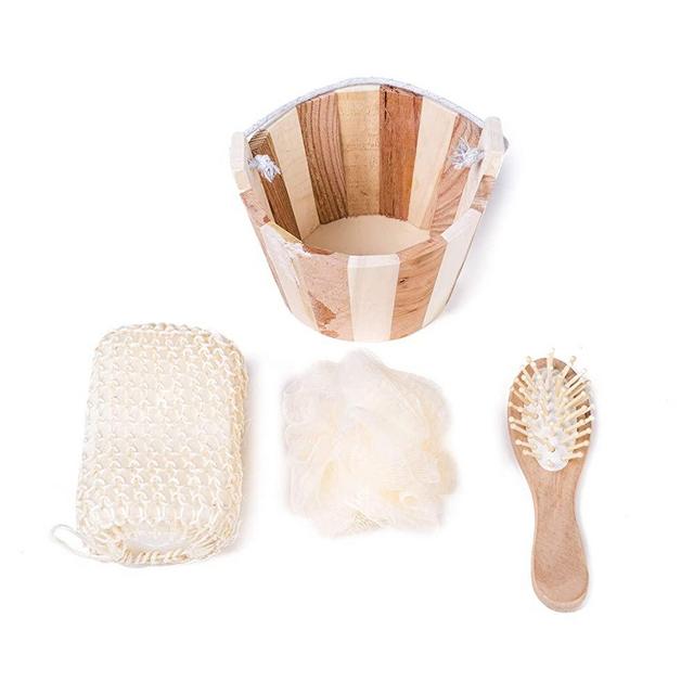 3 Piece Bamboo Bath Gift Set with Bamboo Bucket Holder Spa Supplies Bathroom Washcloth Loofah Sponge Accessories Eco Friendly Healthy 5.9 Inch