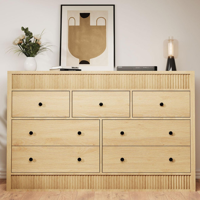 Fluted 7 Drawer Dresser, 54" Wide Natural Oak 7 Chest of Drawers with Double Waveform Fluted Panel, Wooden Cabinet for Bedroom Living Room Nursery