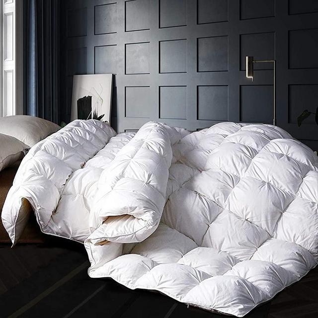 Alanzimo Goose Down Comforter Queen Size - All Season - Luxury 100% Natural Cotton 1200 Thread Count 750 Fill Power with Tabs White Comforter- Pinch Pleat Design