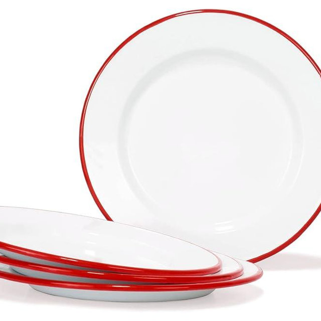 Red Co. Set of 4 Enamelware Metal Classic 10" Round Dinner Plate, Solid White/Red Rim