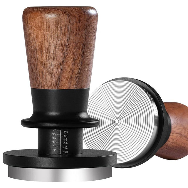 PUSEE 53.3mm Espresso Tamper, Calibrated Tamper with 30lbs Double Spring Loaded Tamper Walnut Wood Coffee Tamper for Barista Home,Stainless Steel Base Tamper Espresso Tool Fits 54mm Portafilters