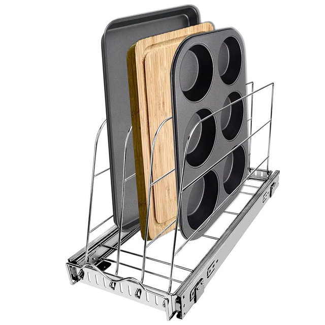 Pull Out Chrome steel Organizer for Cabinet, Cookie Sheet, Baking Pan, Cutting Board, Tray Organizer, Adjustable Dividers, 22"D x11"H x 8.7"W, Slide Out Organizer-Heavy Duty, Lifetime Limited Warranty