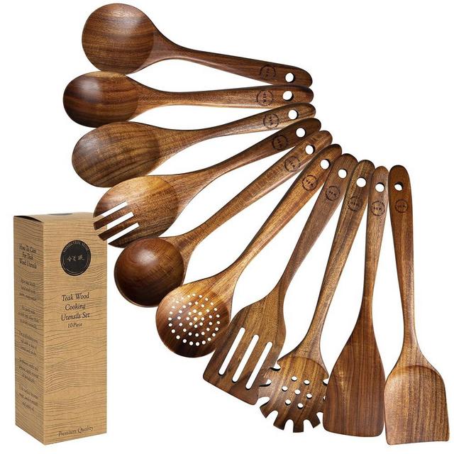 SOOMGYEOL SEOM Uncoated Premium Kitchen Utensils Set, 10-Piece Teak Wooden Cooking Utensils, Includes Non-Stick, Non-Scratching Wooden Spoons for Cooking, Ideal for Housewarming Gifts