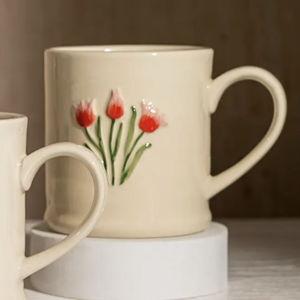Personalised Ceramic Coffee Mug: Engraved Stoneware, Embossed hand painted Design - TULIPS