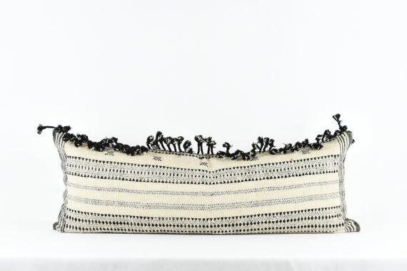 Beige Black Wool with Pom Long Lumbar Pillow Cover