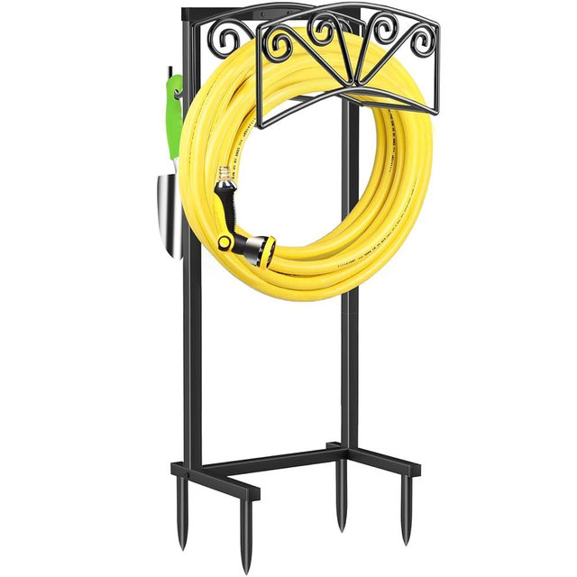 TomCare Garden Hose Holder Upgraded 4 Spikes Water Hose Holder with 2 Tool Hooks Sturdy Hose Reel Holds 150ft Hose Freestanding Hose Stand Hose Hanger Hose Storage for Outside Yard Lawn, Black
