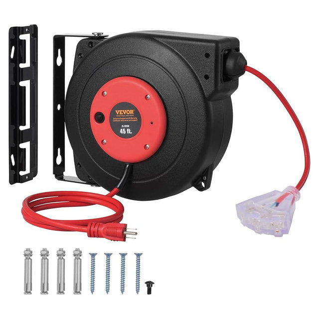 VEVOR Retractable Extension Cord Reel, 45 FT, Heavy Duty 12AWG/3C SJTOW Extension Power Cord with Lighted Triple Tap Outlet, 15A Circuit Breaker 180° Swivel Bracket for Ceiling or Wall Mount, Red