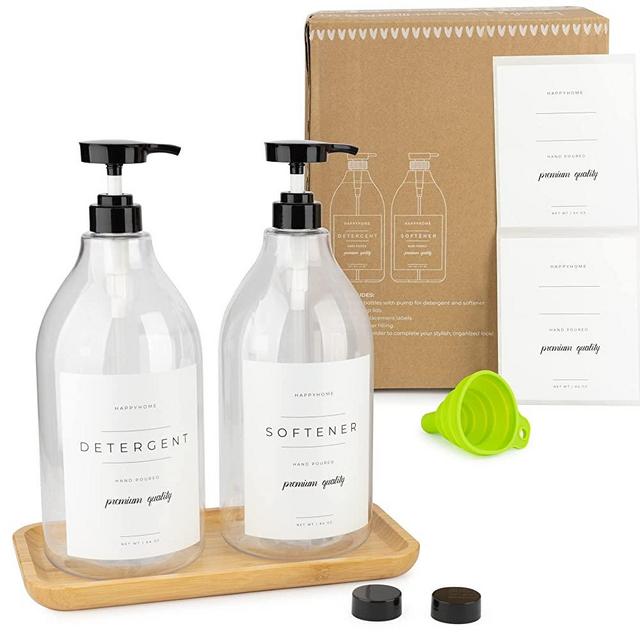 Liquid Laundry Detergent Dispenser for Laundry Room - 2 Decorative 64-Oz Containers with Water-Resistant Labels - Plus 2 Pumps and Screw Caps, Collapsible Funnel, Extra Labels & Bamboo Tray