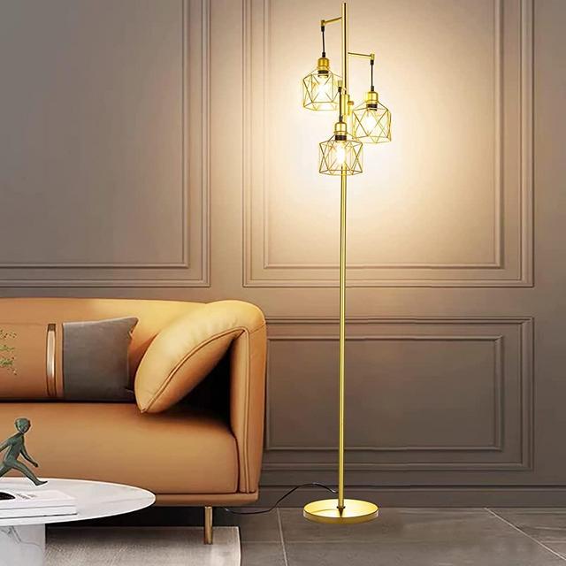 Decorative Gold Floor Lamp,3-Light Farmhouse Floor Lamps for Living Room with Smooth Dimmable ( Adjust Brightness Nightlight ), Modern Style Standing Tall Lamp of Diamond Cage - Bulb Included