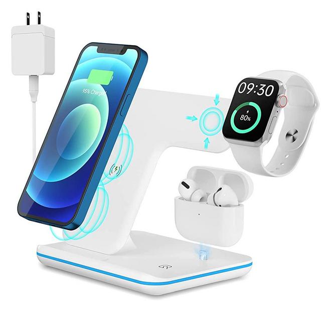 Wireless Charger, 3 in 1 Fast Charging Station for Apple Watch Series SE 6~2,AirPods,iPhone 13 12 11 Pro/X/Xr/Xs/8 Plus,Qi-Certified Phones(with QC3.0 Adapter) White