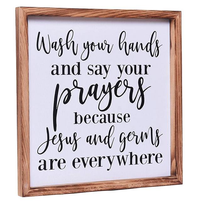 Bathroom Decor - Modern Farmhouse Rustic Wall Art Home Decor - Wash Your Hands and Say Your Prayers - Funny Solid Wood Framed Printed Sign for Toilet, Bath, Restroom, Kitchen - Size 12x12 Inches
