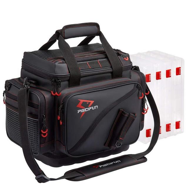 Piscifun Travel Pro Fishing Tackle Bag with 4 Trays Large Water-Resistant Fishing Tray Bags Outdoor Fishing Tackle Storage Bag with 3600 or 3700 Tackle Boxes