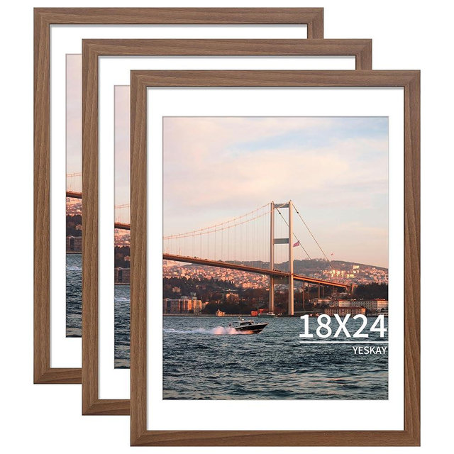 YESKAY 18x24 Picture Frame Brown Set of 3, Display Pictures 16x20 with Mat or 18 x 24 Without Mat, Poster Frames 18x24 for Wall Hanging Horizontal and Vertical