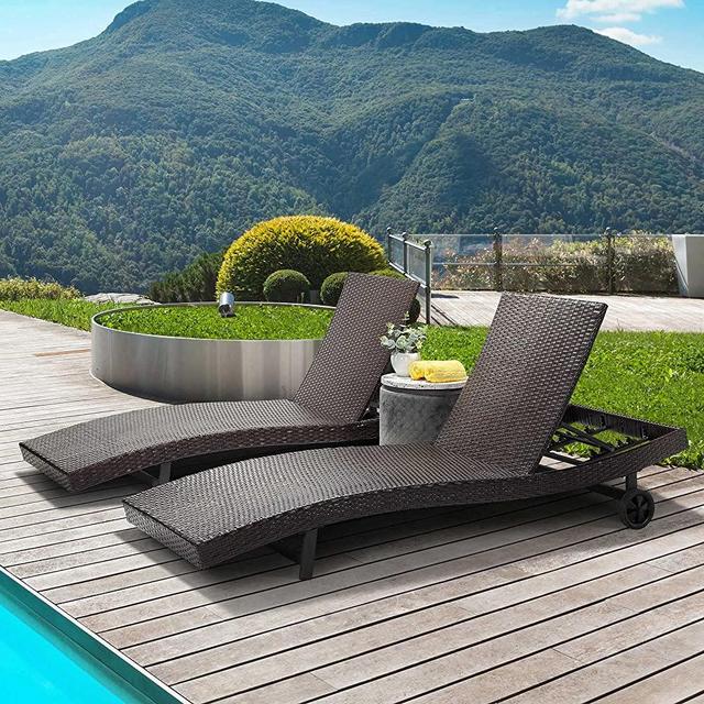 Laurel Canyon Chaise Lounge Sets with Wheels PE Rattan Adjustable Back 2 Pieces Outdoor Wicker Reclining Chair for Patio, Beach, Yard, Pool, Dack Brown