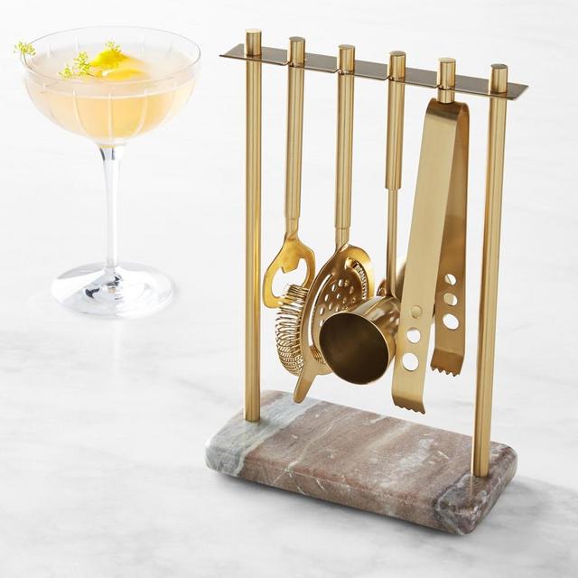 White Marble & Brass Hanging Bar Tools Set