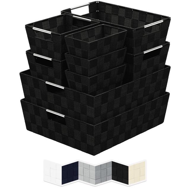 Woven Storage Baskets For Organizing - Set Of 9 Fabric Empty Organizer Bins With Handles - Great Bin For Organization, Linen Closet Shelves Bathroom Basket. Empty Baskets For Gifts - (Black)