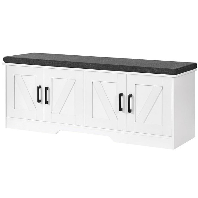 HOMSHO 2-Tier Storage Bench, Shoe Bench with Padded Seat Cushion, Entryway Bench with 2 Barn Doors, Adjustable Shelf, 13.8" D x 47.2" W x 17.7" H, for Entryway, Living Room, Bedroom, White
