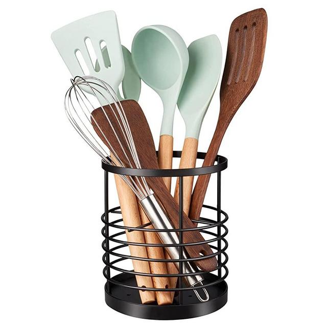 RedCall Utensil Holder for Kitchen Counter,Matte Black Cooking Utensil Holder for Spatula Spoon ,Wire Kitchen Utensil Organizer,Metal Steel Round Utensil Caddy Crock Flatware Storage for Countertop