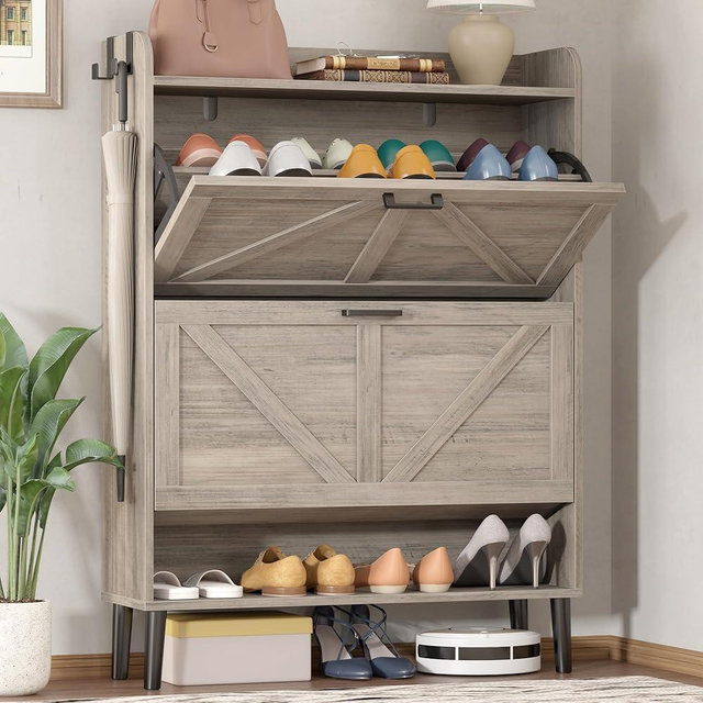 HOMEFORT Shoe Storage Cabinet for Entryway, 30" Freestanding Organizer with Two Flip Drawers, Narrow Hidden Shoe Rack with Wood Legs, Farmhouse Shoe Cabinet for Front Door Entrance,Washed Gray