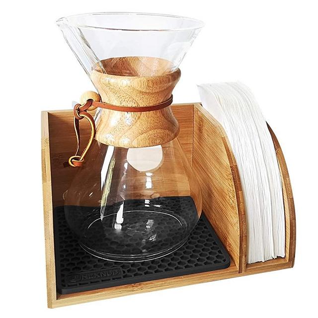 HEXNUB – Organizer Stand, Compatible with Chemex Coffee Makers, Fits Collar and Handle Carafes, Fits Bodum and Coffee Gator, Holds Coffee Maker and Filters, Silicone Dripper Mat, Compact (Black)