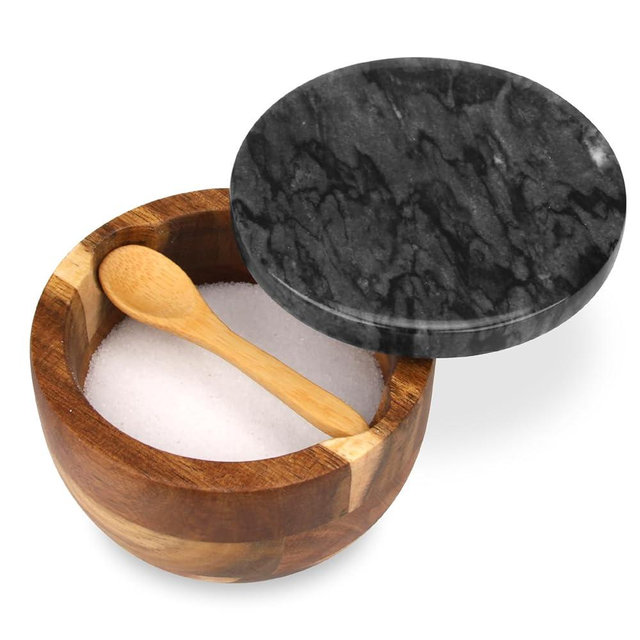 HESHIBI Wooden Salt Cellar Box with Marble Lid & Spoon, Modern Black Stone Salt or Pepper Sugar Spice Seasoning Bowl Container Jar Holder Well Keeper Dish Pig Crock for Kitchen
