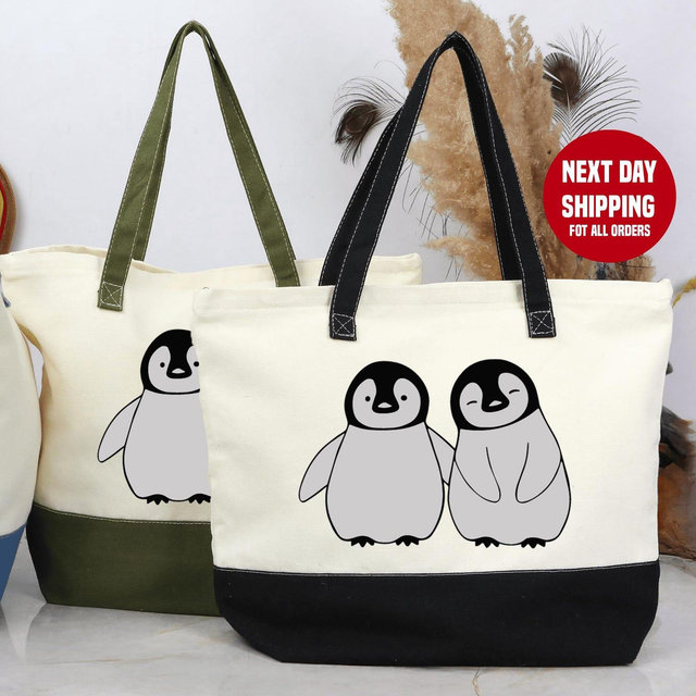 Penguins Canvas Tote Bag, Penguin Lovers Gift, Cute Tote Bag, Natural Canvas Tote Bag, Hand Drawn Penguin Canvas Tote Bag