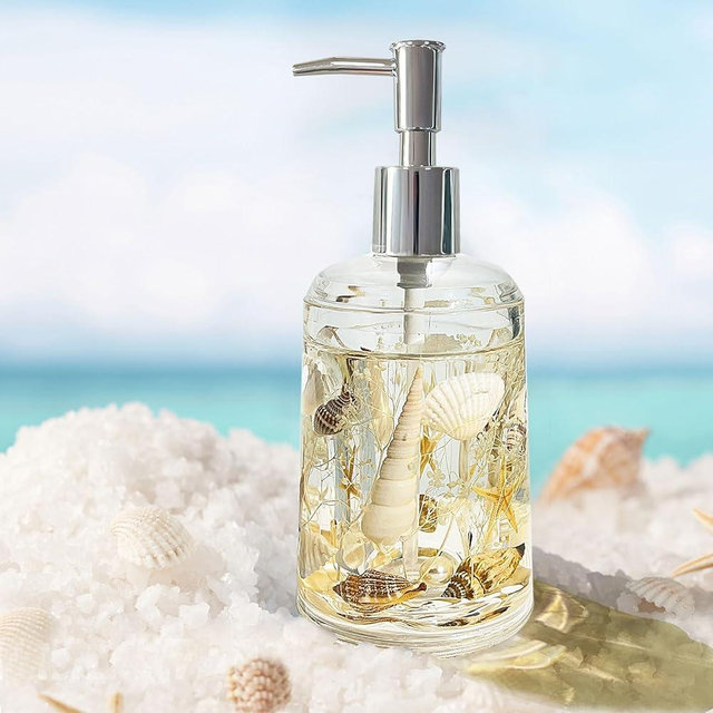 FONMY Soap Dispenser with Pump Acrylic w/Nature Seashell Handmade Bathroom Hand Soap Dispenser, Kitchen Refillable Liquid Dispenser for Soap,Dish Soap, Lotion (Milkly White)