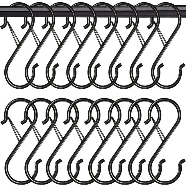 16 Pack S Hooks for Hanging, 3.5 inch Heavy Duty S Hooks with Safety Buckle S Shaped Hooks Kitchen Pot Rack Hooks Closet Hooks for Hanging Plants, Clothes, Kitchen Utensil, Pots and Pans, Bags (Black)