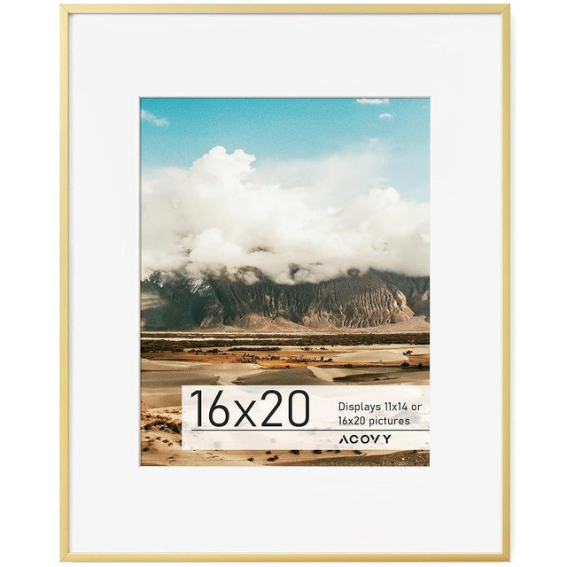 Acovy 16x20 Gold Frame, 16x20 Frame Matted to 11x14, Metal 16 x 20 Picture Frames For Wall,Aluminum 16 by 20 Poster Frame with HD Tempered Glass, Wall Hook Included (Gold, Pack of 1)