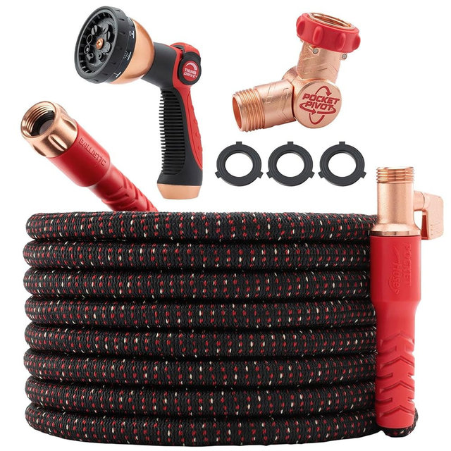 Pocket Hose Ballistic 100 FT Expandable Garden Hose w/Pocket Pivot Swivel Connector, Anti-Burst Sleeve Reinforced with Bulletproof Fiber, Lightweight, No-Kink, Compact, UV-Protected, AS SEEN ON TV