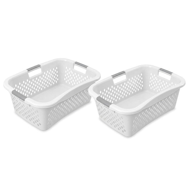 Home Logic 1.5 Bushel Plastic Laundry Basket Front Load, Large Laundry Hamper with Handles, Ventilated Clothes Organizer for Bedroom Bathroom Closet, 2 Pack, White