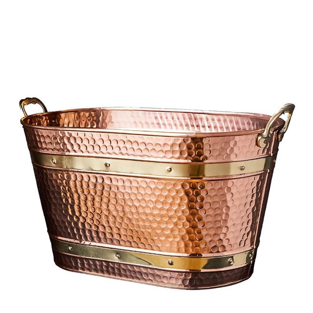Kings County Tools Copper Metal Tub with Sturdy Brass Handles - 25QT Heavy Duty Metal Basket for Indoor Firewood Storage, Outdoor Ice Bucket, Laundry Basket, Living Room Storage and Farmhouse Decor