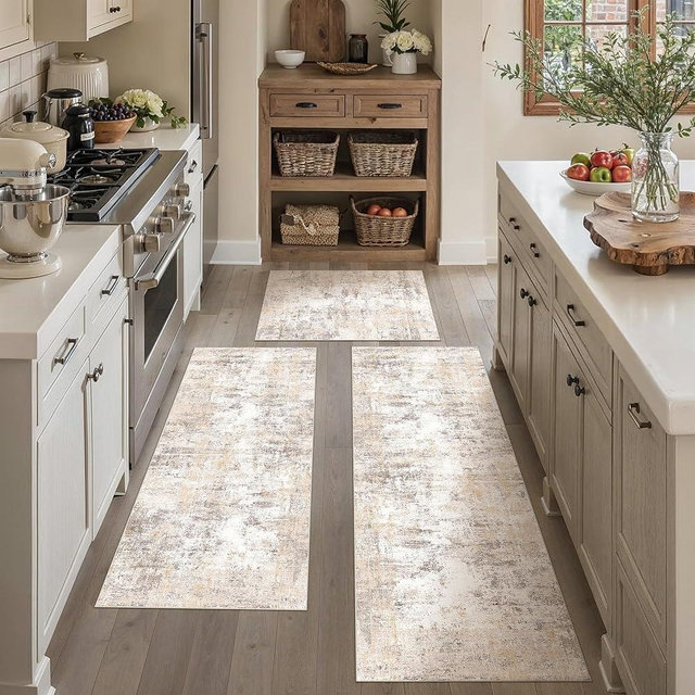 WondRg Kitchen Rug Set of 3 Washable Beige Grey Abstract Kitchen Mats for Floor Non-Slip Kitchen Runner Rug Soft Low Pile for Bathroom Laundry Hallway Sink Entryway