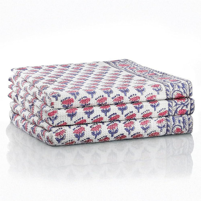 CPC Pink Sapphire Hand Block Print Waffle Kitchen Towel Set of 3-16 x28 Ultra Absorbent Quick Dry 100% Cotton Waffle Dish Towels Lightweight Reusable Sustainable Tea Towels for Cleaning and Drying