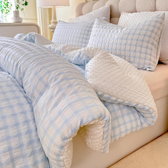 tohrisa Boho Comforter Set Queen Size - 3 Pieces Lightweight Jacquard Seersucker Bedding Sets (1 Soft Fluffy Grid Comforter & 2 Pillowcases) - All Seasons Cozy Modern Bed Set(90"x90" Light Blue)