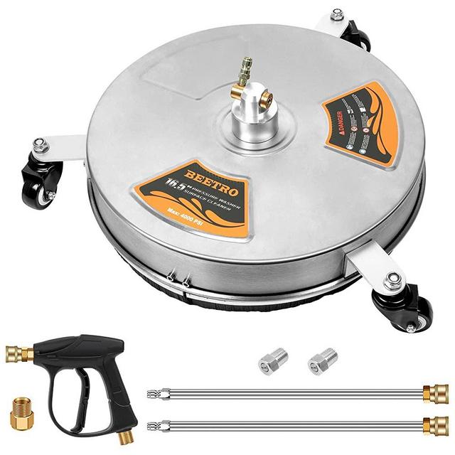 BEETRO 16.5'' Pressure Washer Surface Cleaner Power Washer Attachment with 3 Wheels, Stainless Steel Housing, 2 Extension Wands, 2 Replacement Nozzle, Spray Gun, 4000 PSI, 1.8-3.7 GPM