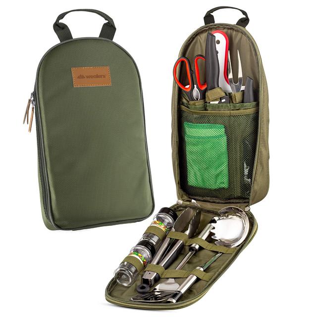 11 Piece Camp Kitchen Cooking Utensil Set Travel Organizer Grill Accessories Portable Compact Gear for Backpacking BBQ Camping Hiking Travel Cookware Kit Water Resistant Case