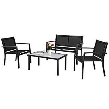 Tangkula Patio Furniture Set 4 PCS Black with 2 Chairs, Tempered Glass Coffee Table & Loveseat for Backyard Lawn Pool Balcony Sturdy Armrests for Relaxing Universal Modern Patio Conversation Set