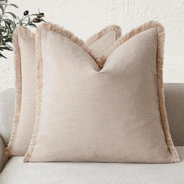 Foindtower Set of 2 Decorative Linen Fringe Throw Pillow Covers Boho Farmhouse Cushion Cover with Tassels Soft Accent Pillowcase for Couch Chair Sofa Bed Living Room Home Decor,18×18 Inch,Tan Beige