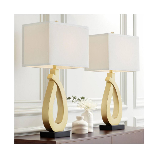 360 Lighting Simone Modern Table Lamps 28" Tall Set of 2 Sculptural Gold Metal USB Charging Port White Rectangular Shade Bedroom Living Room