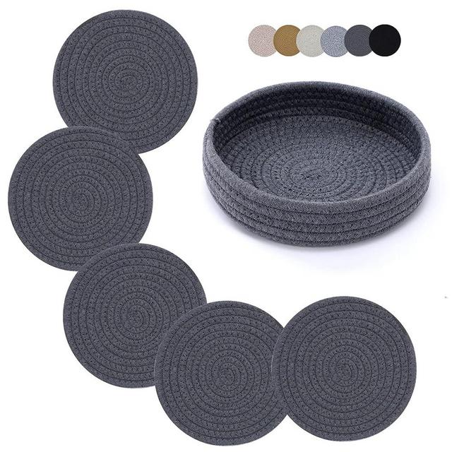 Trivets for Hot Dishes, Trivets for Hot Pots and Pans, 7 Inchs Hot Pads 5 Pcs and Storage Basket 1 Pack for Countertops, Pot Holders for Kitchen, Cotton Table Protector Hot Mats Heat Resistant (Grey)