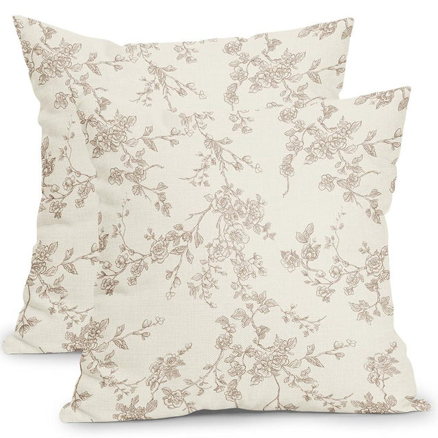 ABSOP Floral Pillow Covers 18x18 Inch Tan and Cream Outdoor Decorative Throw Pillows Set of 2 Vintage Floral Pillowcase Chinoiserie Flower Pillow Cases for Couch Home Decor