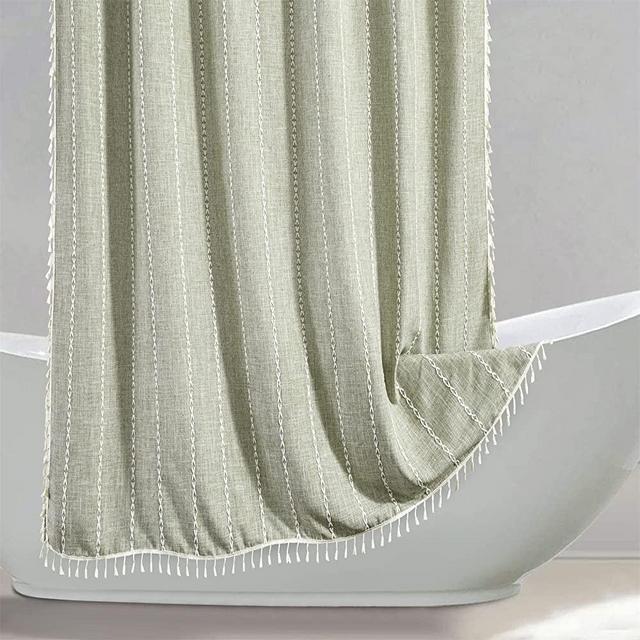 RoomTalks Sage Green Modern Farmhouse Shower Curtain with Tassels, Country Cottage Bathroom Decor Striped Minimal Boho Chic Texture Linen Bohemian Bathroom Shower Curtain Set with Hooks, 72x72