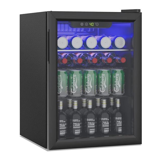 Erivess Compact Beverage Refrigerator,95 Can/2.6 Cubic Feet Fridge with Glass Front Door for Soda, Beer or Wine, Under Counter Small Refrigerator with Adjustable Shelve & Digital Display(Black)
