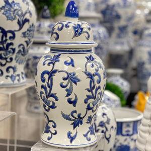 Galt International 14" Blue and White Flower & Petals Ceramic Porcelain Ginger Jar Floral Home Décor Jar Urn Shape Vase