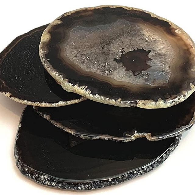 Lio’s Art | Agate Coaster Set of 4 Black | Polished Natural Geode Stone Coasters for Drinks and Beverages| Irregular CircularOval 4” to 4.5” Diameter (4"-4.5", Black)
