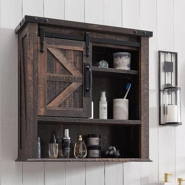OKD Bathroom Wall Cabinet, Farmhouse Medicine Cabinet with Sliding Barn Door & Adjustable Shelves, Storage Cabinet Wall Mounted for Bathroom, Kitchen, Laundry Room, Dark Rustic Oak
